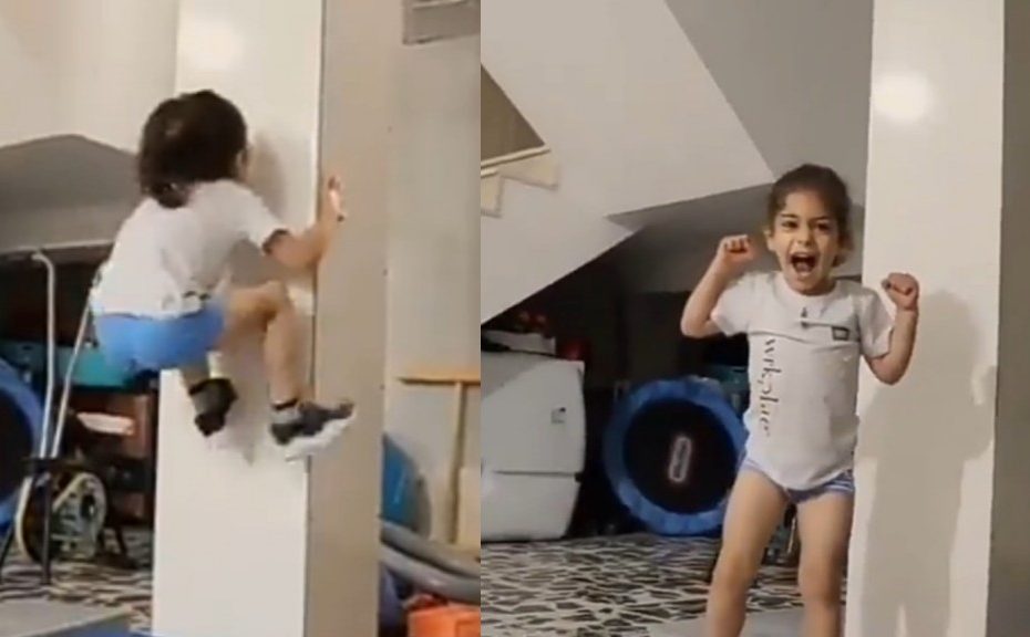 Screenshots of viral video of little girl climbing pillar